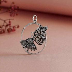 Sterling Silver Butterfly on Flower Pendant 31x21mm