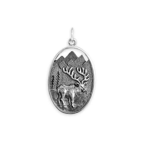 Sterling Silver Elk in Meadow Pendant 30x16mm