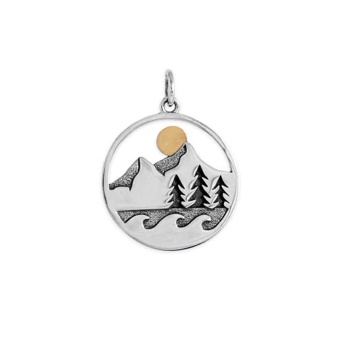 Nina Designs Mixed Metal Mountain Trees and Waves Layered Pendant 24x18mm