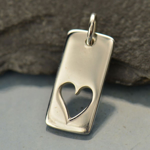 Sterling Silver Rectangle Charm with Heart Cutout 18x7mm