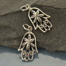 Silver Hamsa Hand Charm with Flower  23x12mm DISCONTINUED