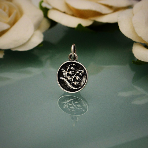 Sterling Silver Small Circle Charm w Etched Flowers 17x10mm