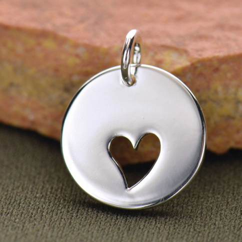 Sterling Silver Round Charm with One Heart Cutout 16x12mm