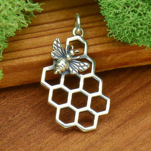 Sterling Silver Honey Bee Charm with Honeycomb 23x11mm