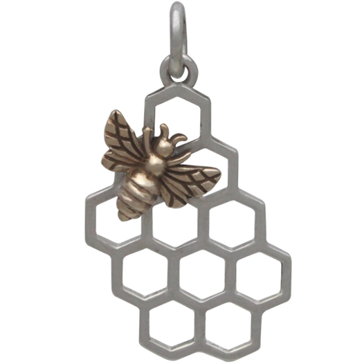 Sterling Silver Honeycomb Charm with Bronze Bee 23x11mm