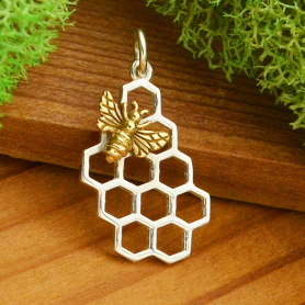 Sterling Silver Honeycomb Charm with Bronze Bee 23x11mm