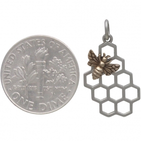 Sterling Silver Honeycomb Charm with Bronze Bee 23x11mm