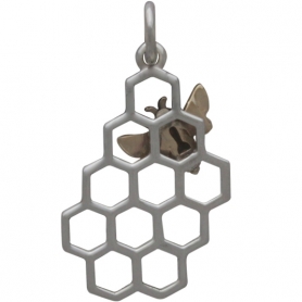 Sterling Silver Honeycomb Charm with Bronze Bee 23x11mm