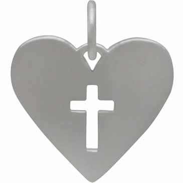 Sterling Silver Heart Charm with Cross Cutout 16x14mm