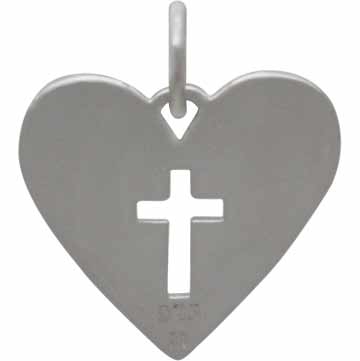 Sterling Silver Heart Charm with Cross Cutout 16x14mm