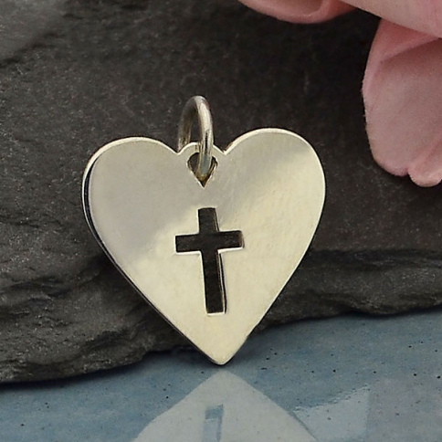 Sterling Silver Heart Charm with Cross Cutout