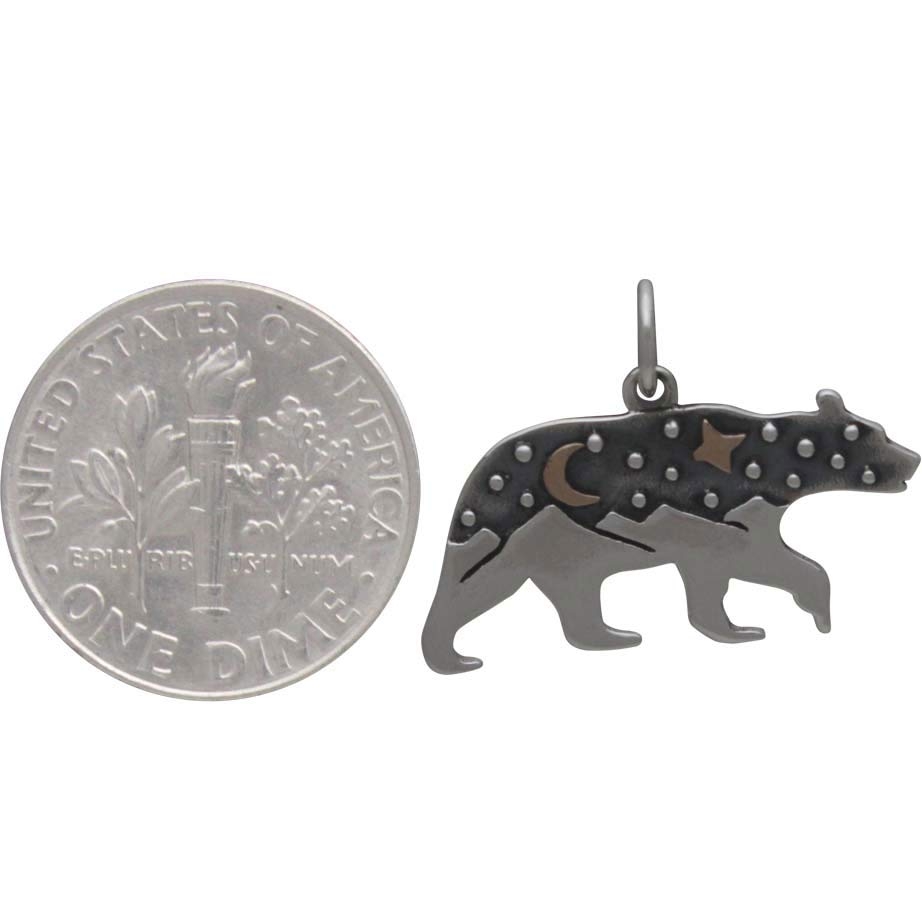 Silver Bear Charm with Mountains and Bronze Moon