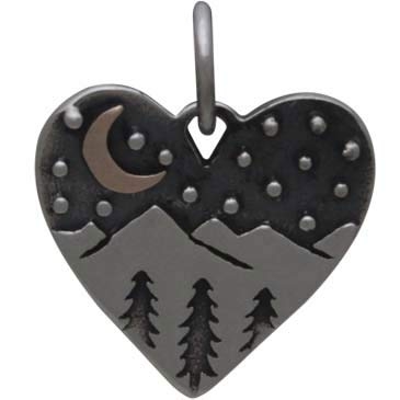 Silver Heart Charm with Mountains and Bronze Moon