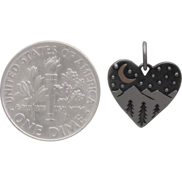 Silver Heart Charm with Mountains and Bronze Moon 16x13mm