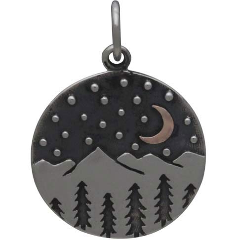 Silver Mountain Charm with Trees and Bronze Moon 21x15mm