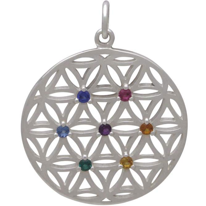 Silver Flower of Life Pendant with Chakra Crystals