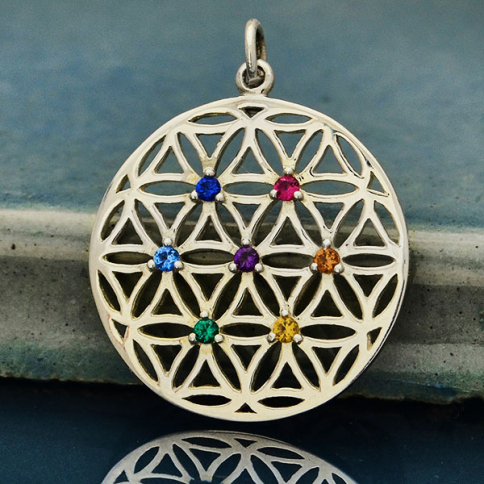 Silver Flower of Life Pendant with Chakra Crystals