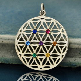 Silver Flower of Life Pendant with Chakra Crystals 29x23mm