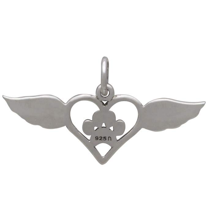 Sterling Silver Paw Print Charm with Heart and Wings