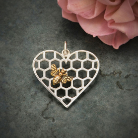Sterling Silver Honeycomb Heart Pendant with Bronze Bee