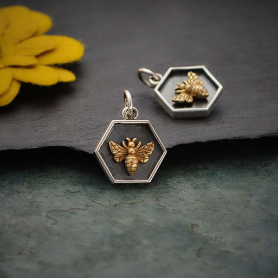 Sterling Silver Hexagon Charm with Bronze Bee 17x13mm