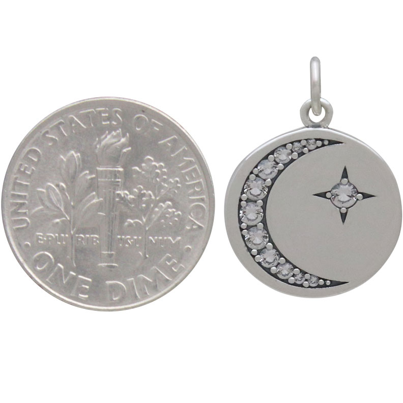 Silver Disk Charm with Nano Gem Star and Moon 21x15mm
