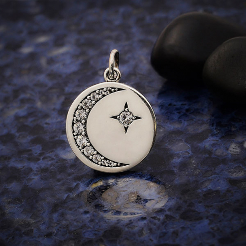 Silver Disk Charm with Nano Gem Star and Moon