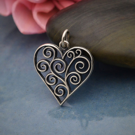 Sterling Silver Heart Charm with Scrollwork 22x17mm