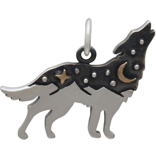 Sterling Silver Wolf Charm with Bronze Star and Moon 17x20mm