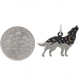 Sterling Silver Wolf Charm with Bronze Star and Moon 17x20mm