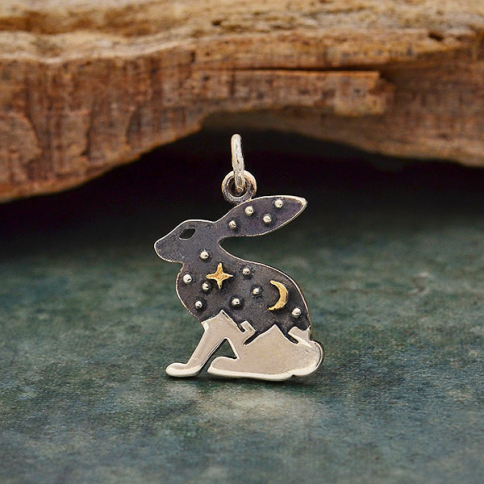 Sterling Silver Hare Charm with Bronze Star and Moon
