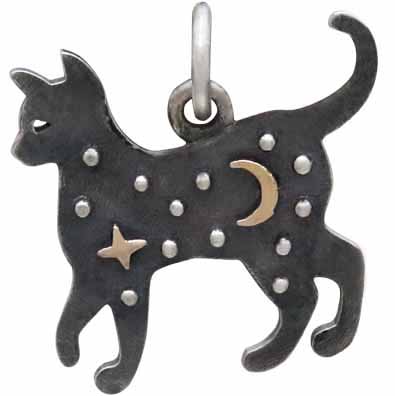 Sterling Silver Cat Charm with Bronze Star and Moon 17x16mm