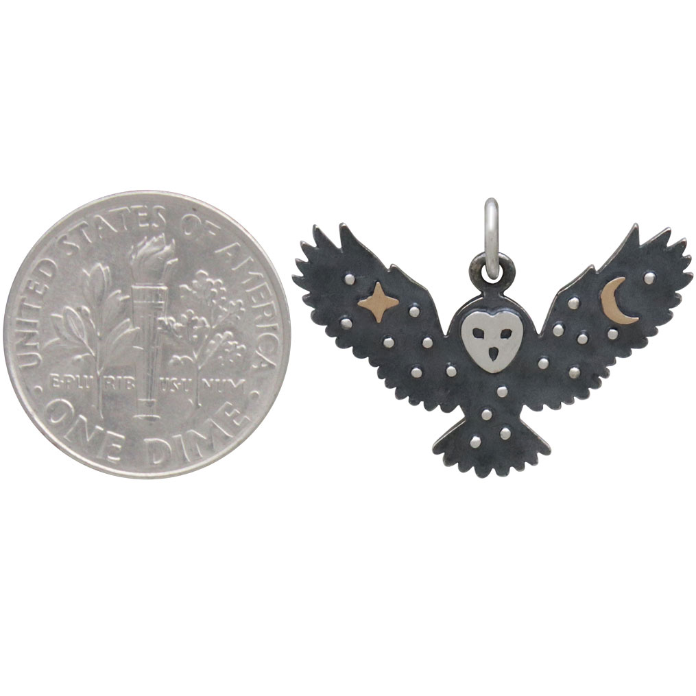 Sterling Silver Owl Charm with Bronze Star and Moon 18x25mm