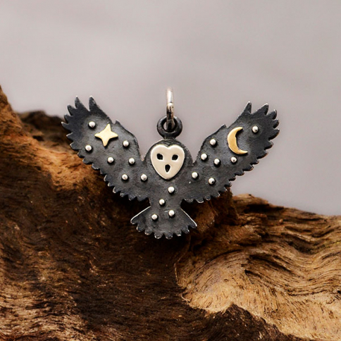 Sterling Silver Owl Charm with Bronze Star and Moon