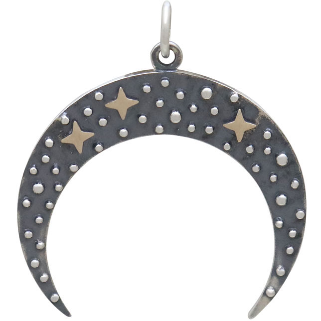 Sterling Silver Moon Pendant with Bronze Stars 28x25mm