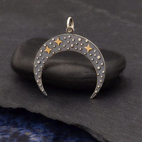 Sterling Silver Moon Pendant with Bronze Stars