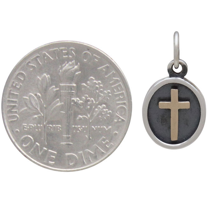 Sterling Silver Shadow Box Charm with Bronze Cross 16x9mm