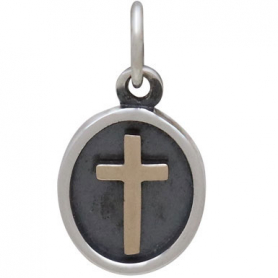 Sterling Silver Shadow Box Charm with Bronze Cross 16x9mm