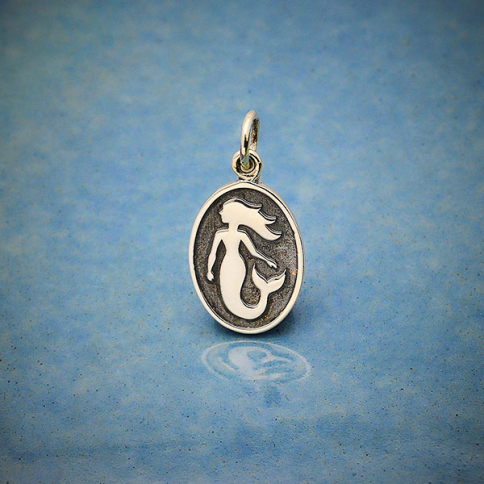 Sterling Silver Mermaid Charm on Oval Disk 20x10mm