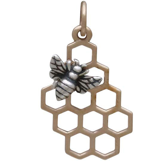 Bronze Honeycomb Charm with Silver Bee 23x11mm