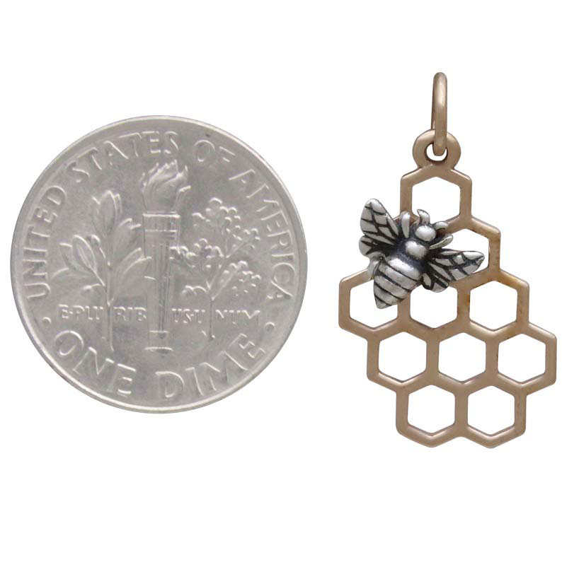 Bronze Honeycomb Charm with Silver Bee 23x11mm