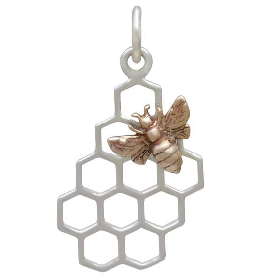 Silver Honeycomb Charm with Bronze Bee 23x11mm Left Side