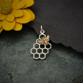 Silver Honeycomb Charm with Bronze Bee 23x11mm Left Side