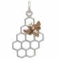 Silver Honeycomb Charm with Bronze Bee 23x11mm Left Side