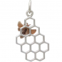 Silver Honeycomb Charm with Bronze Bee 23x11mm Left Side