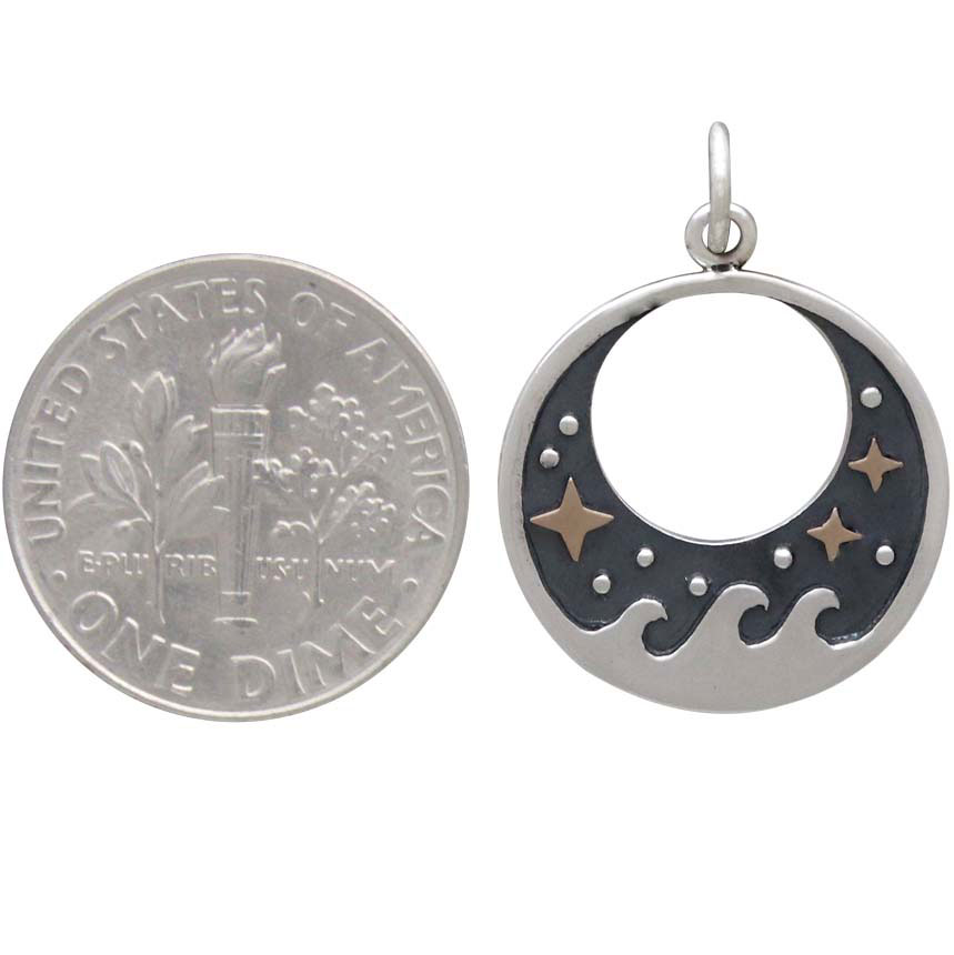 Sterling Silver Wave Charm with Bronze Stars 23x17mm