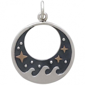 Sterling Silver Wave Charm with Bronze Stars 23x17mm