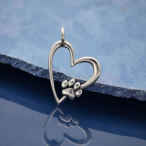 Sterling Silver Heart Charm with Pawprint 21x14mm
