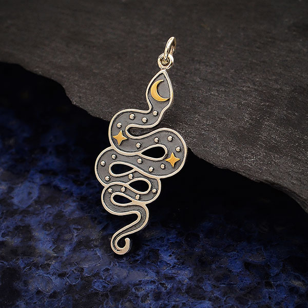 Silver Snake Pendant with Bronze Moon and Stars