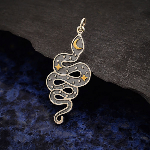 Silver Snake Pendant with Bronze Moon and Stars 38x15mm